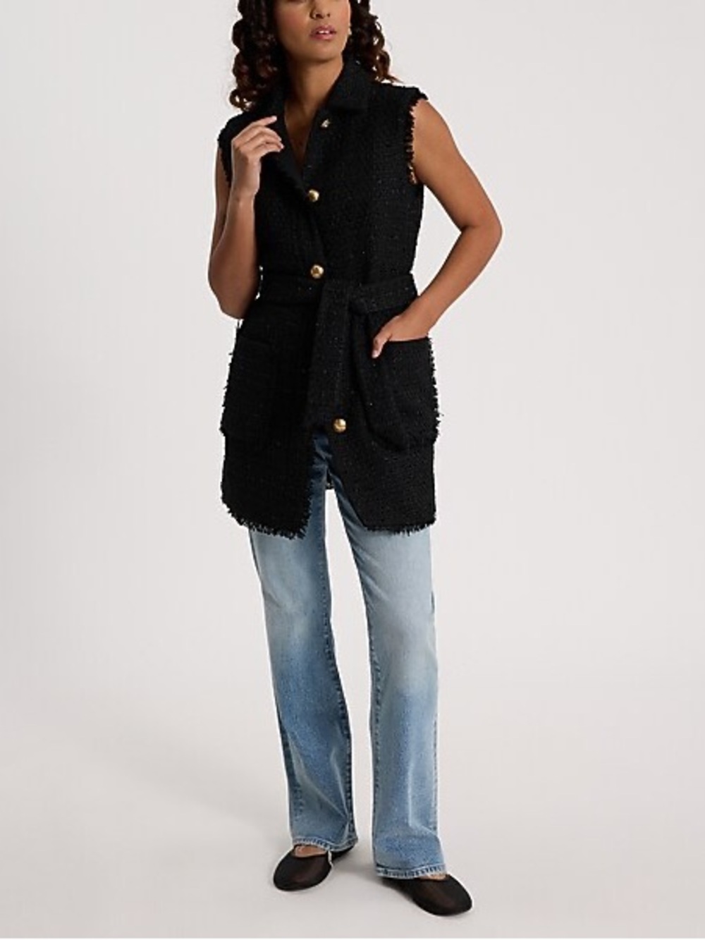 Express Shine Tweed Fringe Novelty Button Belted Vest